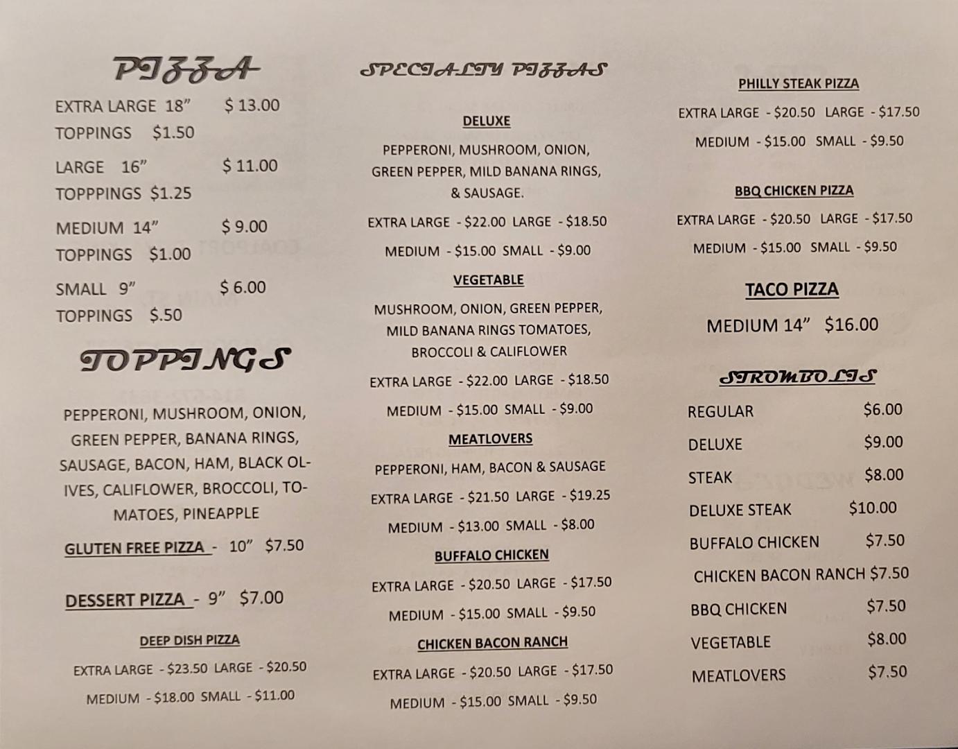 Pizza King Menu
